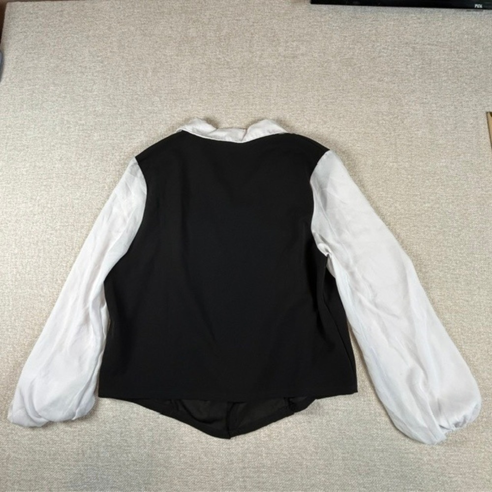 Discreet Women's Black White Long Sleeve Blouse Bow 1X 90s Retro Schoolgirl Crop - Picture 7 of 9